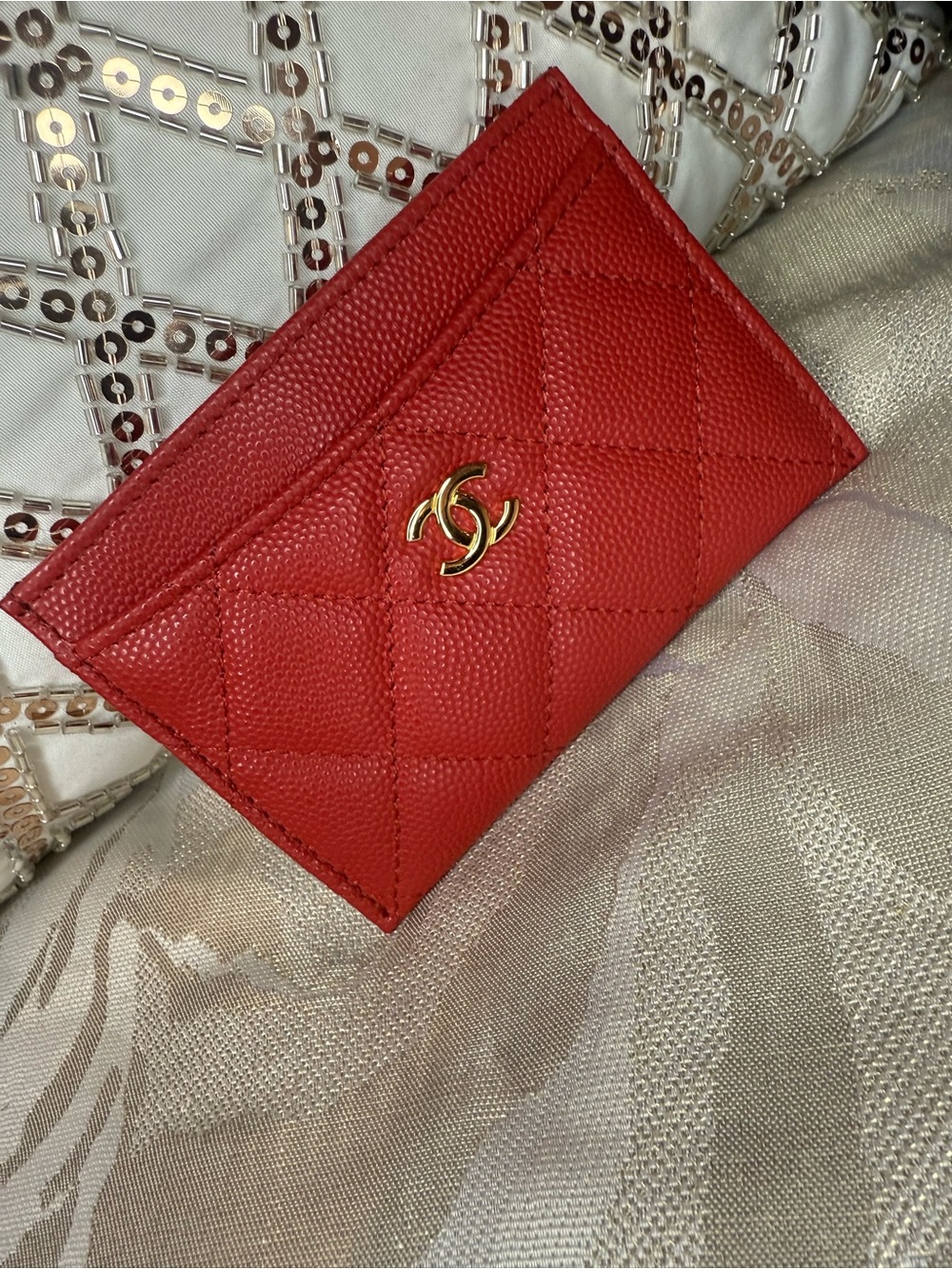 CHANEL Red Quilted Card Holder with Gold CC
